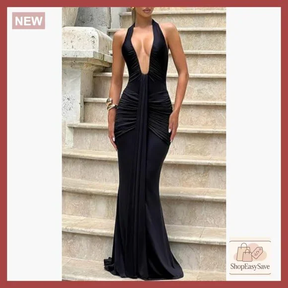 Elegant Ruched Bodycon Maxi Dress Deep V-Neck Halter Backless Formal Gown - Picture 3 of 6